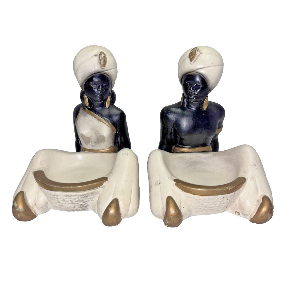 African Man & Woman Trinket Dish Ashtray Incense Art Statues '50's Chalkware